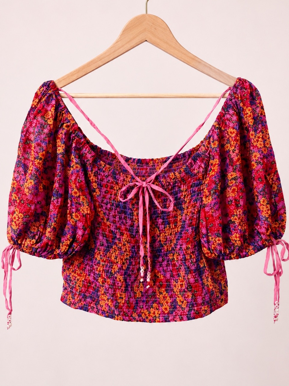Free People Back On Top Floral Smocked Puff Sleeve Crop Blouse NWT L - Picture 2 of 6